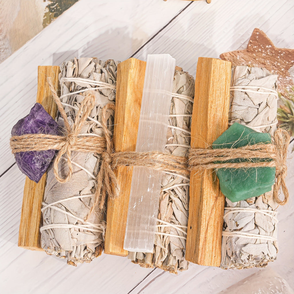 Cristaux naturels, sauge blanche et bois de Palo Santo, idéals pour le nettoyage domestique. Cadeau parfait offert aux parents ou amis, présentés dans une écrin célébrant les fêtes du Nouvel An, camping , décoration jardin, dîner romanesque au clair-de-lu