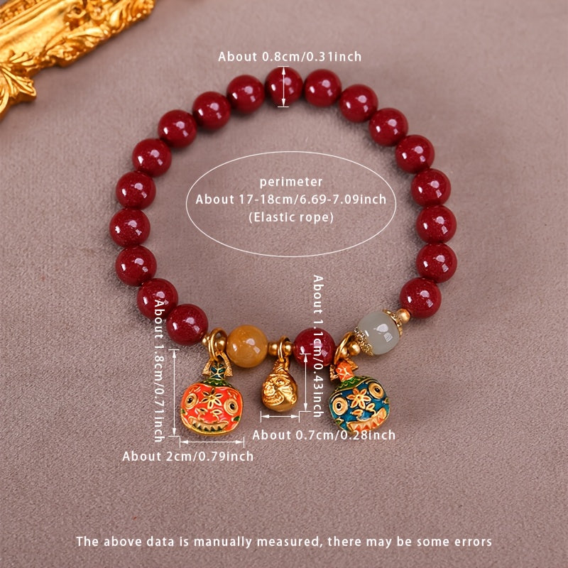 1pièce Bracelet de perles de pierre de cinnabar - 8mm Corde élastique de haute qualité, Bijoux de style chinois vintage avec des perles intriquées et des accents de pierre naturelle, Port quotidien et prêt à offrir, Accessoire polyvalent toutes saisons po