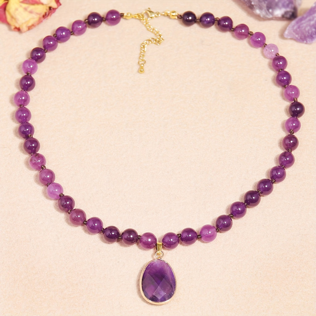1pc Collier pendentif en améthyste naturel avec perles rondes - Style vintage bohème, bijoux en pierre violette pour femmes, cadeau quotidien idéal, collier bohème chic | Collier de style vintage | Perles en pierre naturelle, bijoux bohème