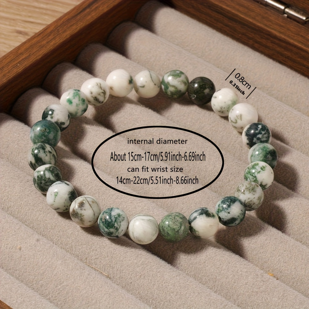 Bracelet en Agate Mousse Naturelle Artisanal - Perles rondes de 8 mm aux motifs marbrés, vert clair et blanc, Bijou unisexe pour tenue décontractée, Cadeau attentionné pour amis, sœurs, aînés (Pierre de naissance de septembre), Perles en pierre, Accessoir