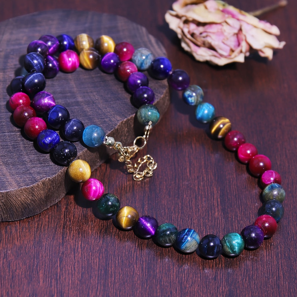 Collier Bohème en Perles Rondes d'Œil de Tigre Multicolores - Parfait pour Toutes les Occasions, Idéal pour les Femmes à la Mode