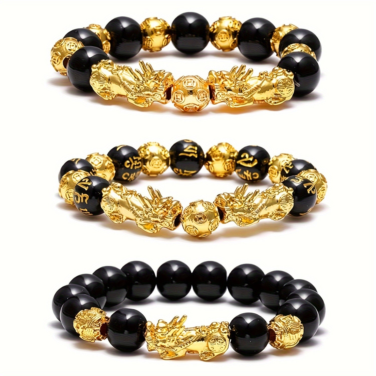 Ensemble de trois bracelets en perles Pixiu Feng Shui pour hommes, un talisman de chance pour les hommes, et un bracelet en perles orné de dragon naturel pour les femmes, conçu pour attirer la richesse et la prospérité.