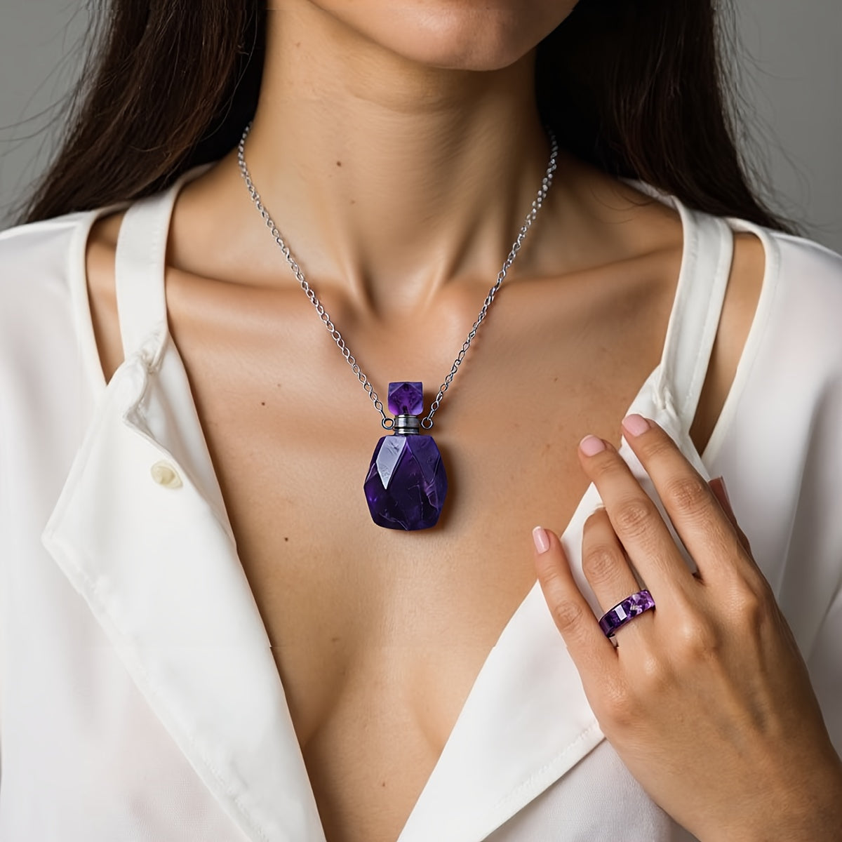 2 pièces Bouteille d'Aromathérapie en Pierre Naturelle Sculptée Amethyste Quartz Rose, Collier Pendentif Minimaliste Unisex pour Port quotidien et Superposition de Couches Cadeaux Classiques Mariage Demoiselle D’honneur Trésor des Fêtes (Halloween Noël Po