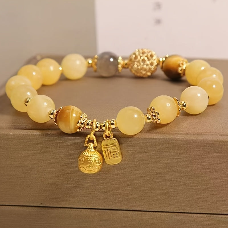 Bracelet en Perles de Citrine Naturelle avec Charme Doré - Style Bohème, Idéal pour Tenue Décontractée et Cadeaux