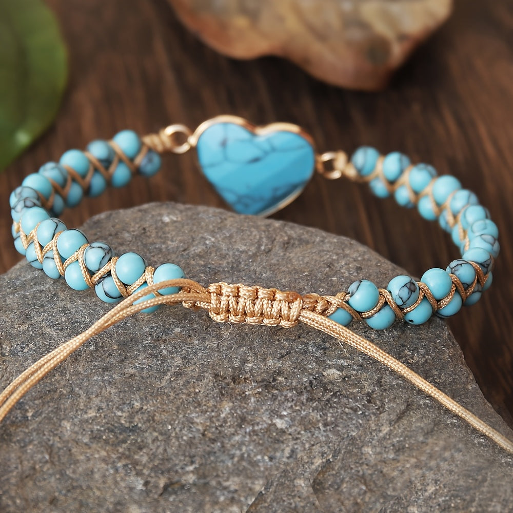 1pc Bracelet Bohème Tressé en Pierre de Turquoise Naturelle avec Pendentif Cœur Doré - Bijou Unisexe pour Femmes & Hommes, Port Quotidien et Vacances, Cadeau Unique pour Anniversaires, Fêtes