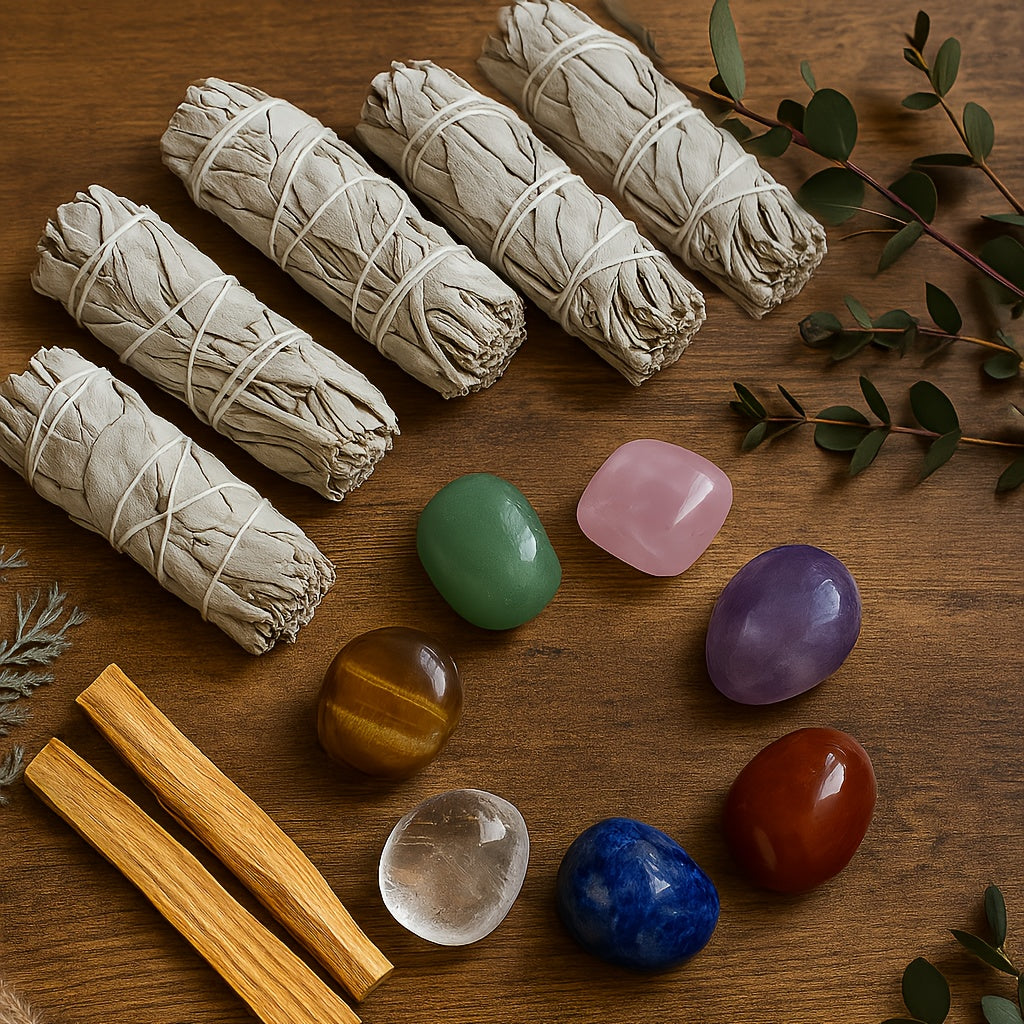 Kit de Purification à la Sauge, 5 Bâtons d'Encens de Sauge Blanche, 2 Pièces de Bois Sacré, 7 Pierres Synthétiques Colorées des Chakras | Essentiels Rituels Artisanaux, Collection Cadeau de Luxe
