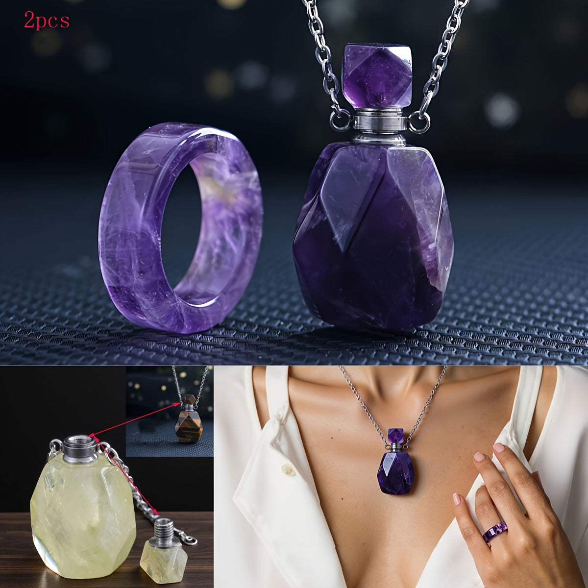 2 pièces Bouteille d'Aromathérapie en Pierre Naturelle Sculptée Amethyste Quartz Rose, Collier Pendentif Minimaliste Unisex pour Port quotidien et Superposition de Couches Cadeaux Classiques Mariage Demoiselle D’honneur Trésor des Fêtes (Halloween Noël Po