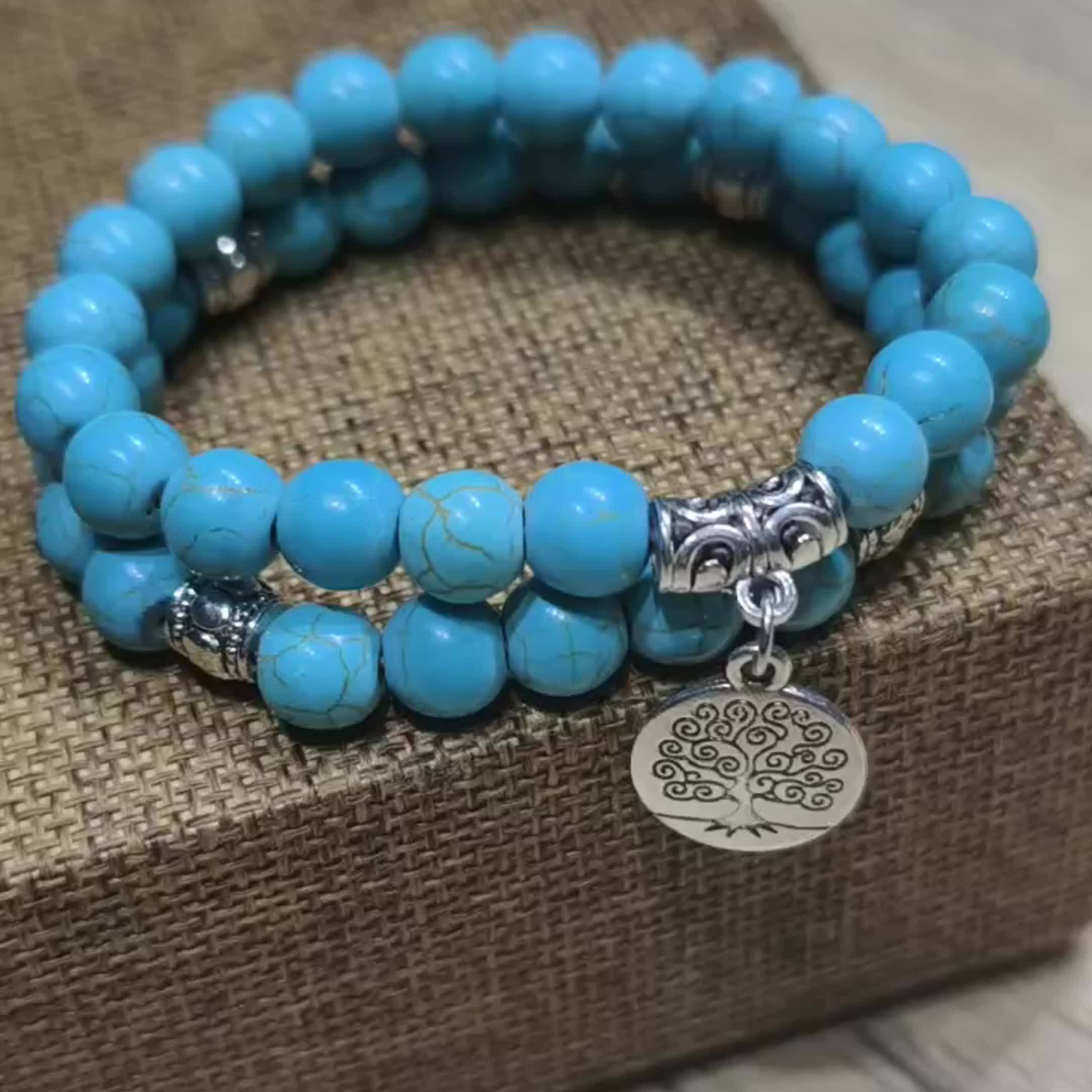 1 Ensemble Bracelet Arbre de la Sagesse en Turquoise Vintage Naturelle de Haute Qualité 8mm