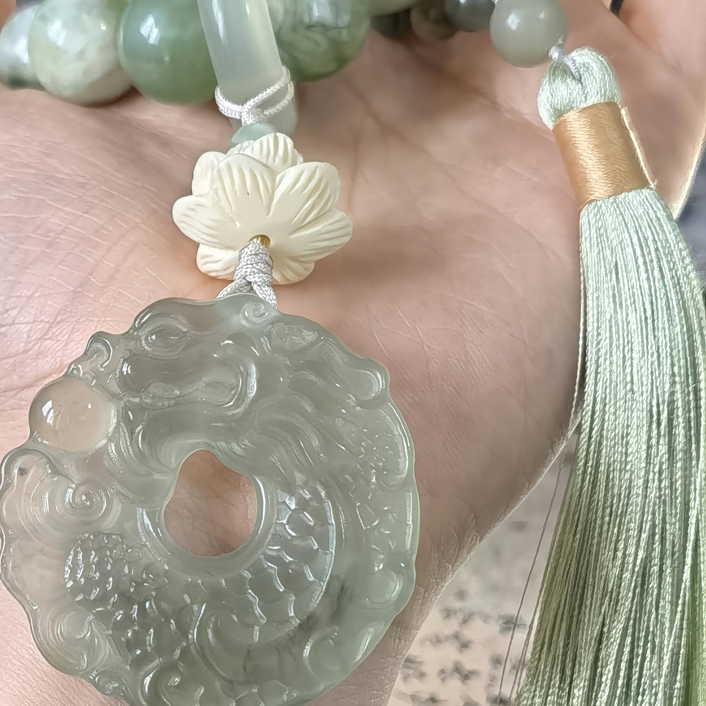 Pierre naturelle avec pendentif dragon sculpté à la main - Bracelet de prière (chapelet) en perles de 14 mm, 14 pièces, Pendeloque frangée, Bijou méditation, Cadeau idéal pour anniversaire, fête ou occasion spéciale