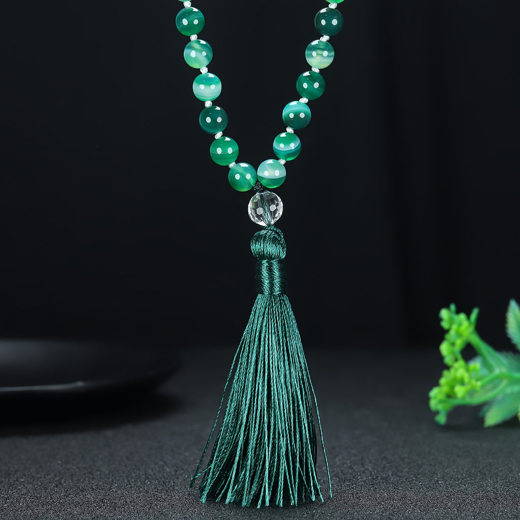 Collier Mala en Agate Naturelle de 108 Perles Noué à la Main avec Pendentif Pompon, Convient pour le Port Quotidien et les Chaînes Pull