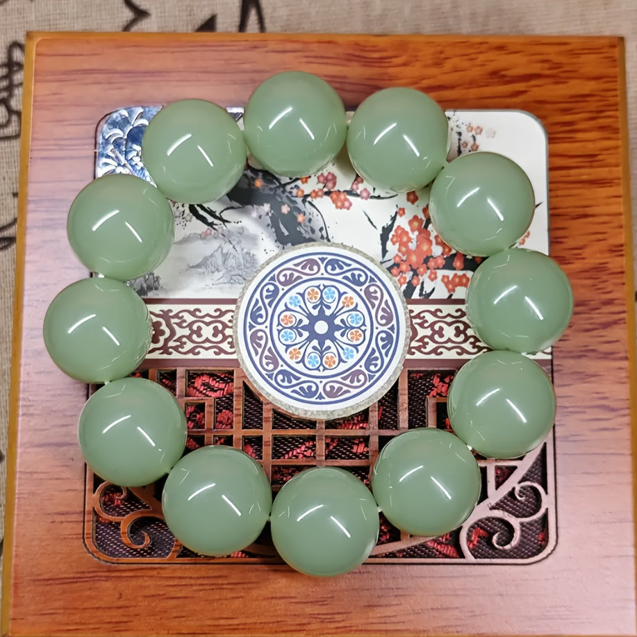 Perles en pierre naturelle verte - Collier mala extensible 18-20 mm - Sphères lisses pour méditation spirituelle - Pierre de naissance de novembre - Bijou porte-bonheur pour le Nouvel An chinois - Cadeau pour Noël, Saint-Valentin, Fête des mères - Pour ho