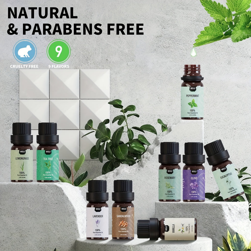 Kit d'Huiles Essentielles Premium avec Diffuseur Humidificateur pour Détente et Sommeil – Lot de 9 Pièces de 10ml/3.04fl.oz – Parfum Agréable pour la Maison – Idéal pour Bougies Parfumées et Savons DIY – Fragrance Longue Durée – Cadeau Parfait pour Hallow