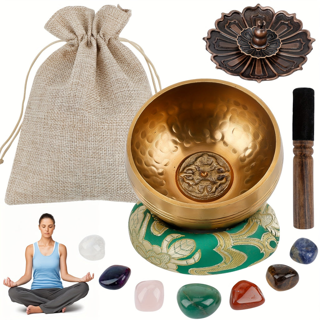 Bol chantant tibétain 8 cm avec maillet en bois, coussin, 7 pierres chakra, porte-encrier et sac, pour méditation, yoga et relaxation