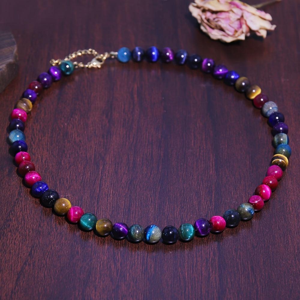 Collier Bohème en Perles Rondes d'Œil de Tigre Multicolores - Parfait pour Toutes les Occasions, Idéal pour les Femmes à la Mode