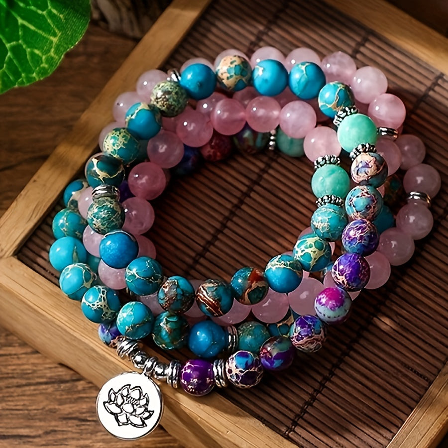 1pc de 108 Bracelet de rosaire en pierre impériale naturelle, Bracelet de prière, Collier de rosaire en pierre naturelle pour hommes et femmes