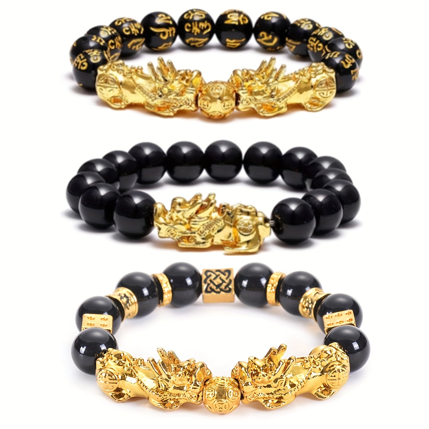 Ensemble de trois bracelets en perles Pixiu Feng Shui pour hommes, un talisman de chance pour les hommes, et un bracelet en perles orné de dragon naturel pour les femmes, conçu pour attirer la richesse et la prospérité.