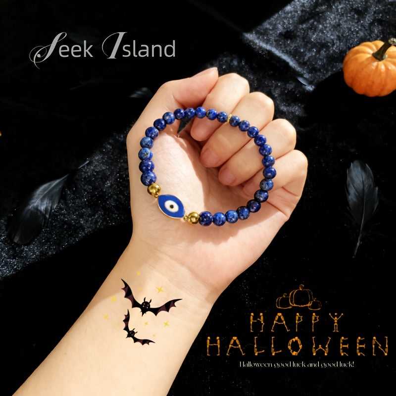 Bracelet en Lapis-Lazuli et Cristal Œil du Mal - 100 % fait main, haute qualité. Perles de 6 mm, boîte cadeau Halloween. Idéal comme cadeau réfléchi pour Halloween ou Noël
