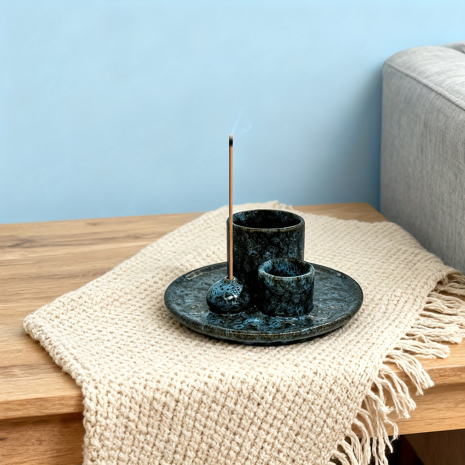 Ensemble de 4 porte-bougies en céramique de qualité supérieure - Brûleur d'encens 4-en-1, porte-bâton parfumé, porte-encens de sauge, plateau de décoration intérieure élégant, comprend 1 brosse de nettoyage, porte-bougies pour la décoration intérieure, po