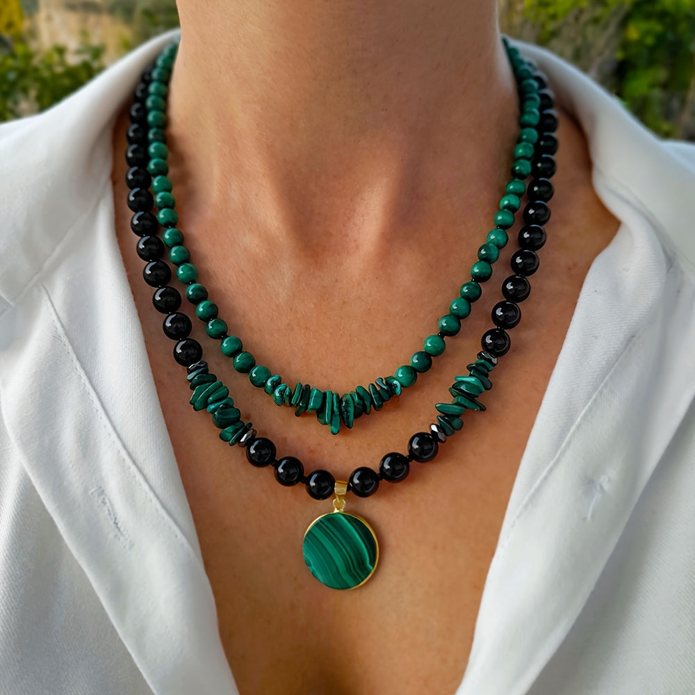 2 colliers en malachite et agate noire à double épaisseur pour femmes, bijoux artisanaux avec pendentif en pierre naturelle et perles multibrins, cadeau d'anniversaire pour maman