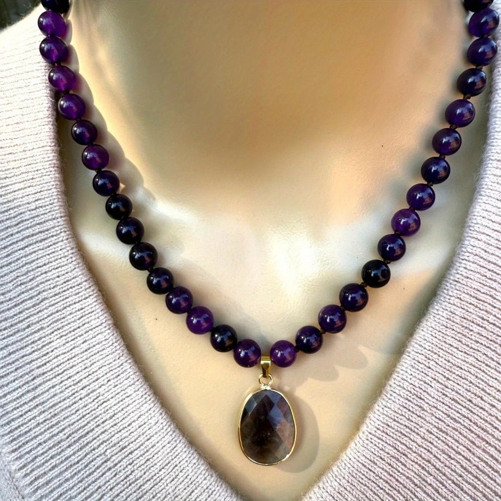 1pc Collier pendentif en améthyste naturel avec perles rondes - Style vintage bohème, bijoux en pierre violette pour femmes, cadeau quotidien idéal, collier bohème chic | Collier de style vintage | Perles en pierre naturelle, bijoux bohème