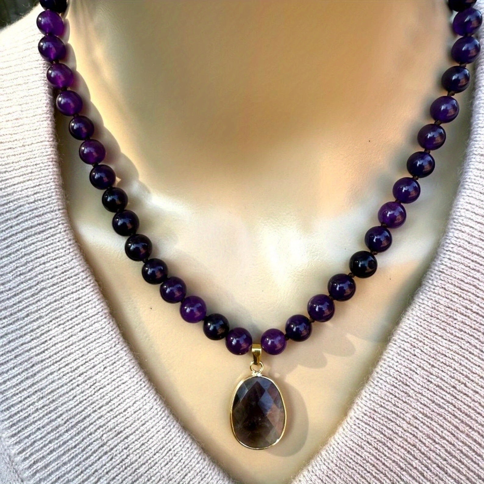 1pc Collier pendentif en améthyste naturel avec perles rondes - Style vintage bohème, bijoux en pierre violette pour femmes, cadeau quotidien idéal, collier bohème chic | Collier de style vintage | Perles en pierre naturelle, bijoux bohème