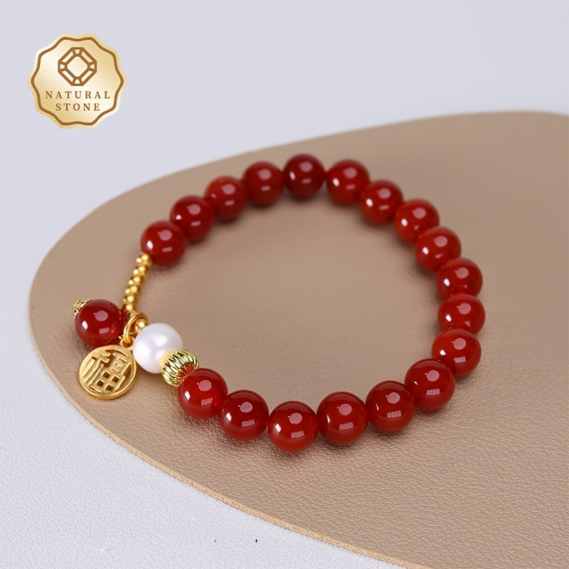 Bracelet de perles d'agate naturelle élégante pour femmes avec perles d'eau douce - Perles d'agate rouge 8 mm, espaces et accents dorés, bijoux faits à la main pour tenue décontractée, boîte-cadeau incluse, variations naturelles uniques, accessoire quotid