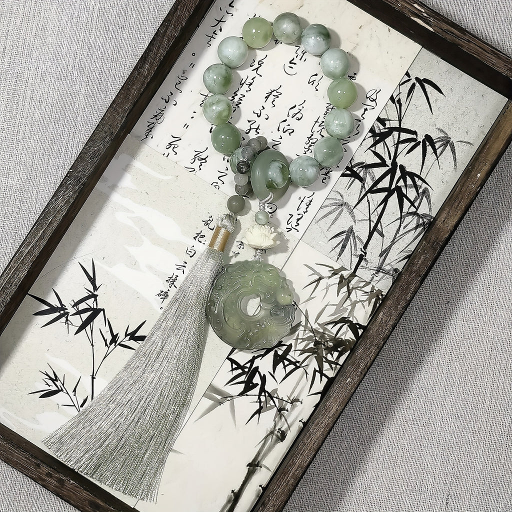 Pierre naturelle avec pendentif dragon sculpté à la main - Bracelet de prière (chapelet) en perles de 14 mm, 14 pièces, Pendeloque frangée, Bijou méditation, Cadeau idéal pour anniversaire, fête ou occasion spéciale