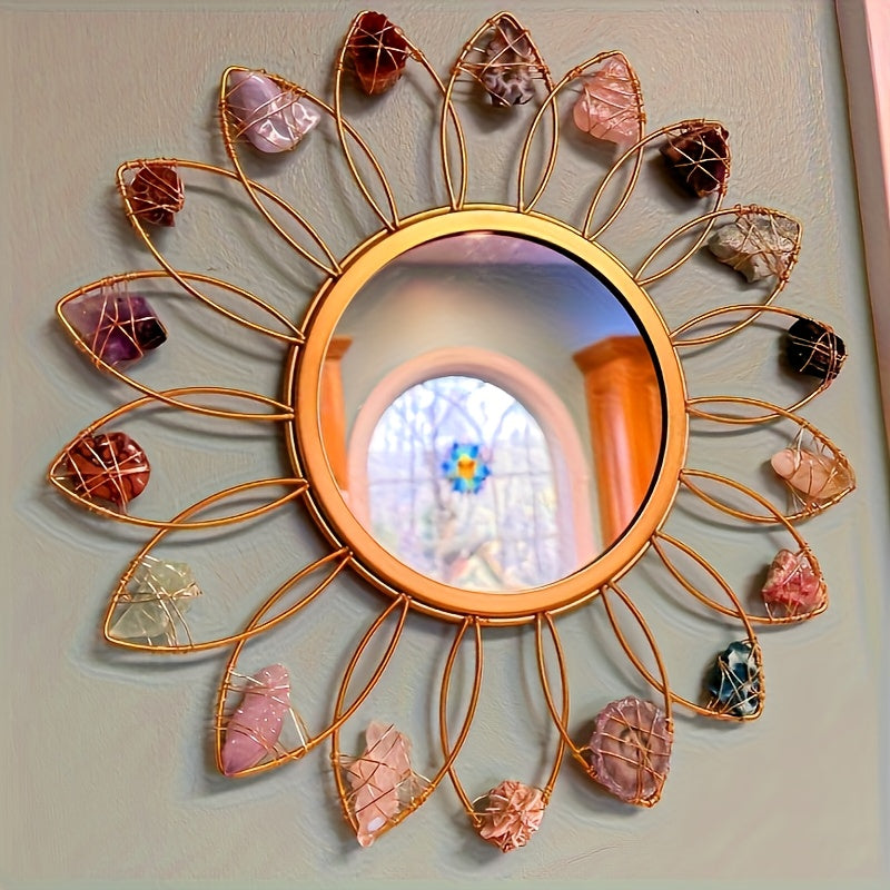 Miroir mural en cristal bohème de 30,48 cm avec pierres naturelles - Grand design rond rayonnant dans les couleurs rose, clair, violet, noir, marron, rouge, blanc, gris et beige - Décoration fermière pour salon, chambre à coucher ou entrée - Cadeau élégan