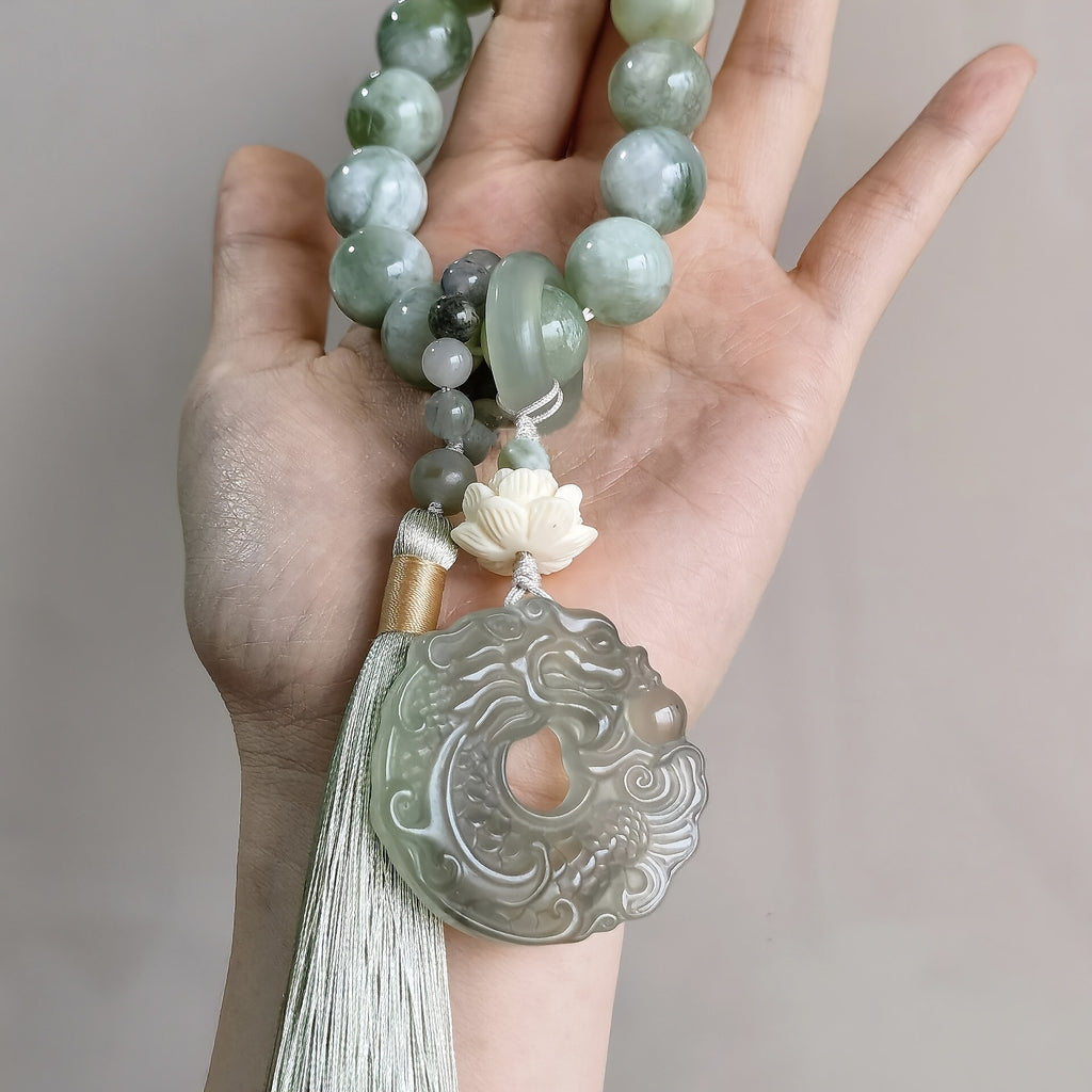 Pierre naturelle avec pendentif dragon sculpté à la main - Bracelet de prière (chapelet) en perles de 14 mm, 14 pièces, Pendeloque frangée, Bijou méditation, Cadeau idéal pour anniversaire, fête ou occasion spéciale