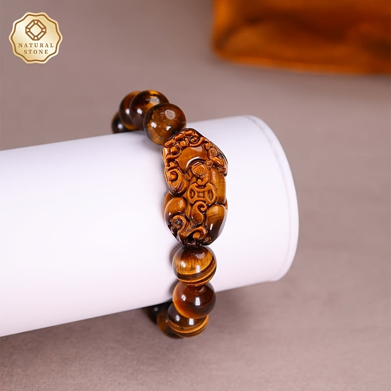 1pc Bracelet Femme en Pierre Œil de Tigre - Effet Marbré Naturel Brun & Doré, Design Élastique avec Perle Tête d'Lion et Pierres Oeil-de-Tigre (12-13mm) - Boîte Cadeau Bijou Elégant Incluse pour Quotidien ou Anniversaire/Célébration Tonaux : Noir/Brun Dor