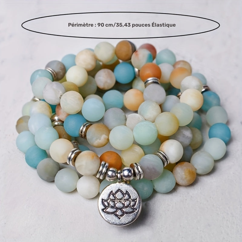 Bracelet mala 108 perles en pierre amazonite, création tribale sans alimentation, packag éthique