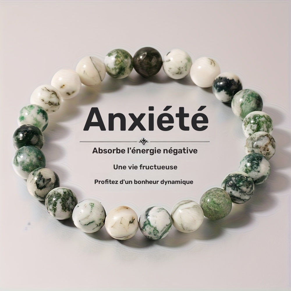 Bracelet en Agate Mousse Naturelle Artisanal - Perles rondes de 8 mm aux motifs marbrés, vert clair et blanc, Bijou unisexe pour tenue décontractée, Cadeau attentionné pour amis, sœurs, aînés (Pierre de naissance de septembre), Perles en pierre, Accessoir