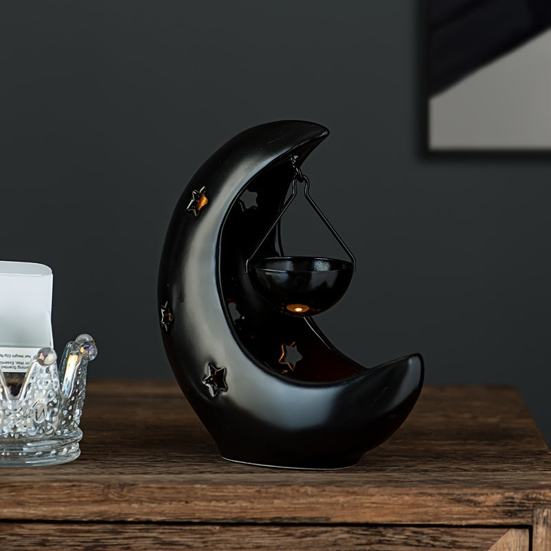 Porte-bougie en céramique étoile et lune - Brûleur d'huiles essentielles - Décoration d'intérieur style arabe - Idéal pour cadeau de l'Aïd