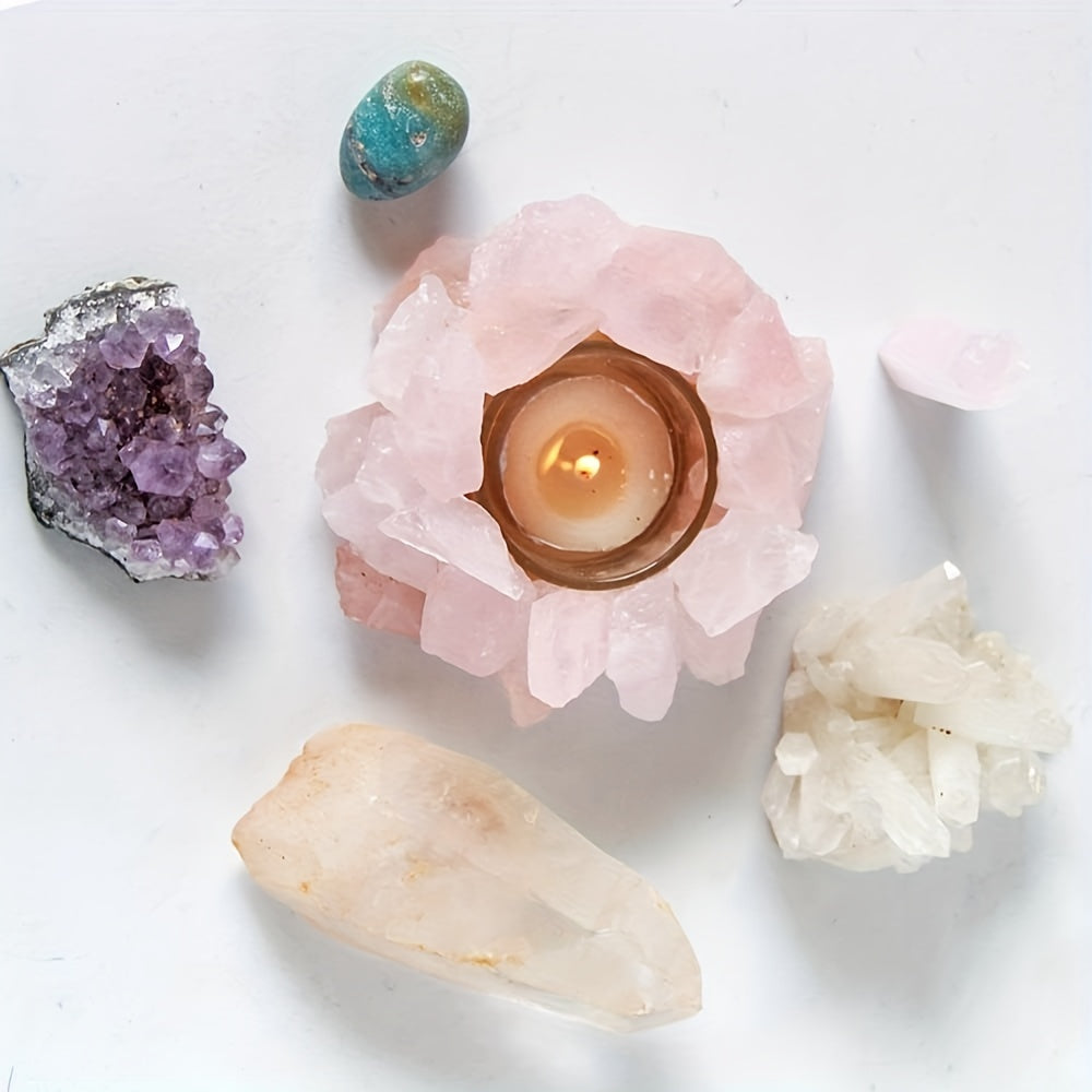 1pc Porte-Bougie Votive en Pierre Brute de Quartz Rose/ Fluorite Verte/ Citrine Porte-Bougie à Thé en Cristal de Quartz Décoration Maison