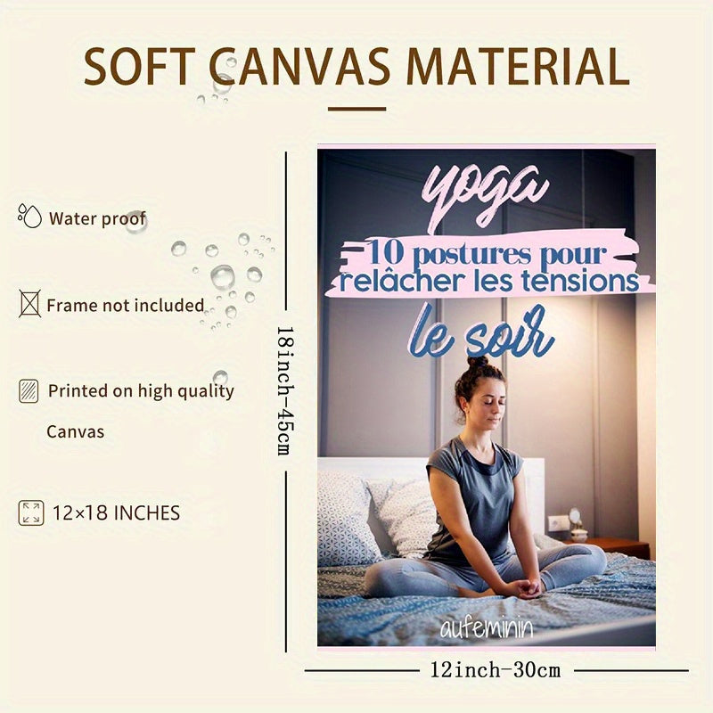 1pc Guide de Yoga en Langue Française - Impression sur Toile Sans Cadre - 12 Asanas (10 Poses) Illustrés - Tableau de Relaxation Nocturne avec Poses de Méditation Étape par Étape pour Pratique au Bord du Lit - Livret de Routine de Yoga Français (Format A4