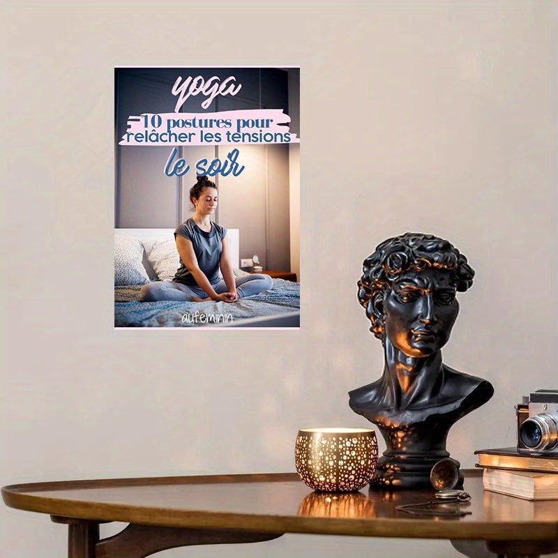 1pc Guide de Yoga en Langue Française - Impression sur Toile Sans Cadre - 12 Asanas (10 Poses) Illustrés - Tableau de Relaxation Nocturne avec Poses de Méditation Étape par Étape pour Pratique au Bord du Lit - Livret de Routine de Yoga Français (Format A4