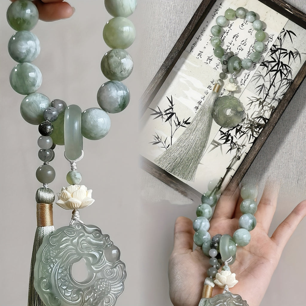 Pierre naturelle avec pendentif dragon sculpté à la main - Bracelet de prière (chapelet) en perles de 14 mm, 14 pièces, Pendeloque frangée, Bijou méditation, Cadeau idéal pour anniversaire, fête ou occasion spéciale
