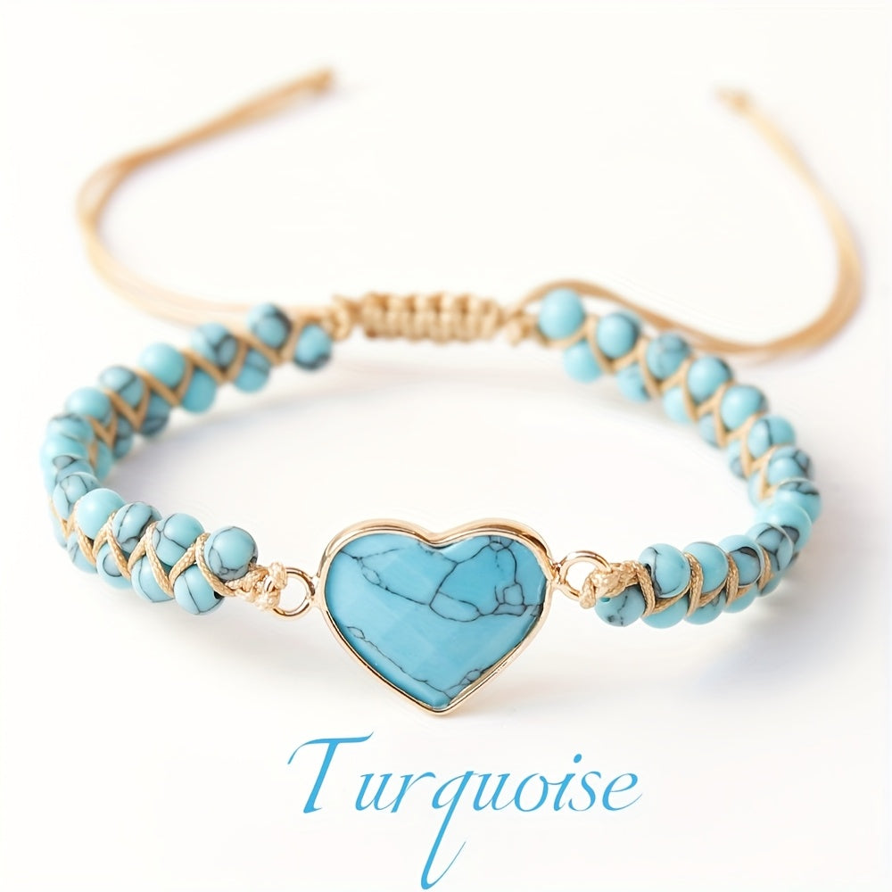 1pc Bracelet Bohème Tressé en Pierre de Turquoise Naturelle avec Pendentif Cœur Doré - Bijou Unisexe pour Femmes & Hommes, Port Quotidien et Vacances, Cadeau Unique pour Anniversaires, Fêtes