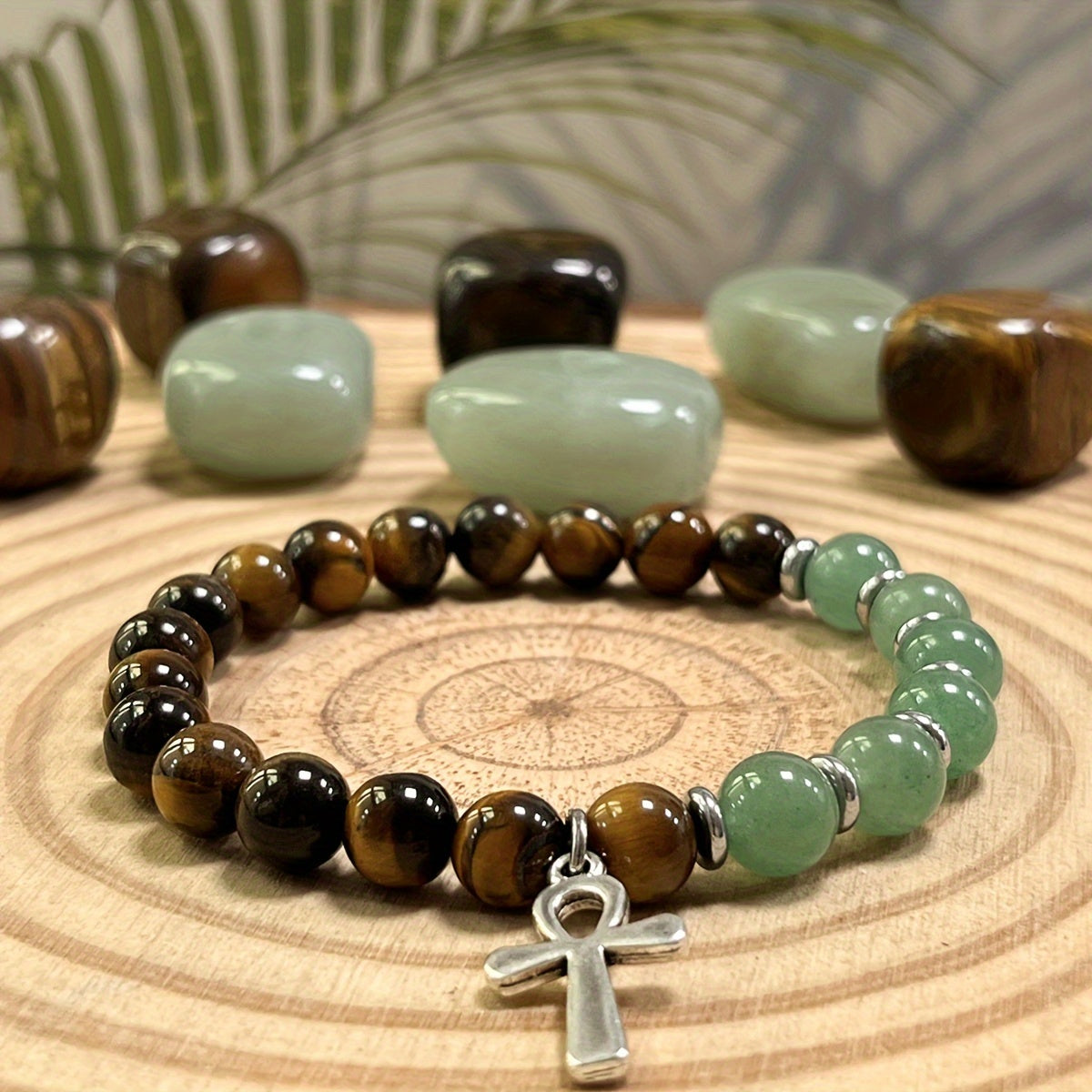 Bracelet Ankh - La Clé de Vie Perles en Pierre Naturelle, 8mm Rondes Œil de Tigre & Aventurine Verte Fait Main, Bijoux Bohème Olive Marron & Vert pour Hommes & Femmes, Symbole de Vie Éternelle et Prospérité Porte-Bonheur, Accessoires Unisexes, Style Vinta