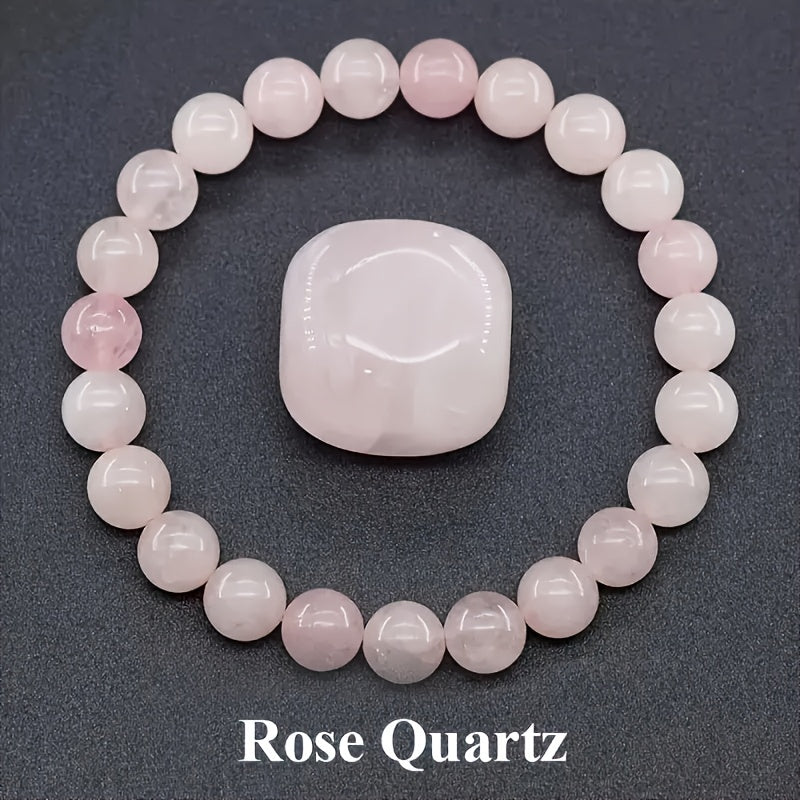 4 Bracelets en Pierre Naturelle - Style Bohème Élégant avec Quartz Bleu, Améthyste et Rose Quartz | Idéal pour Tenue Décontractée ou Cadeau | Finition Polie