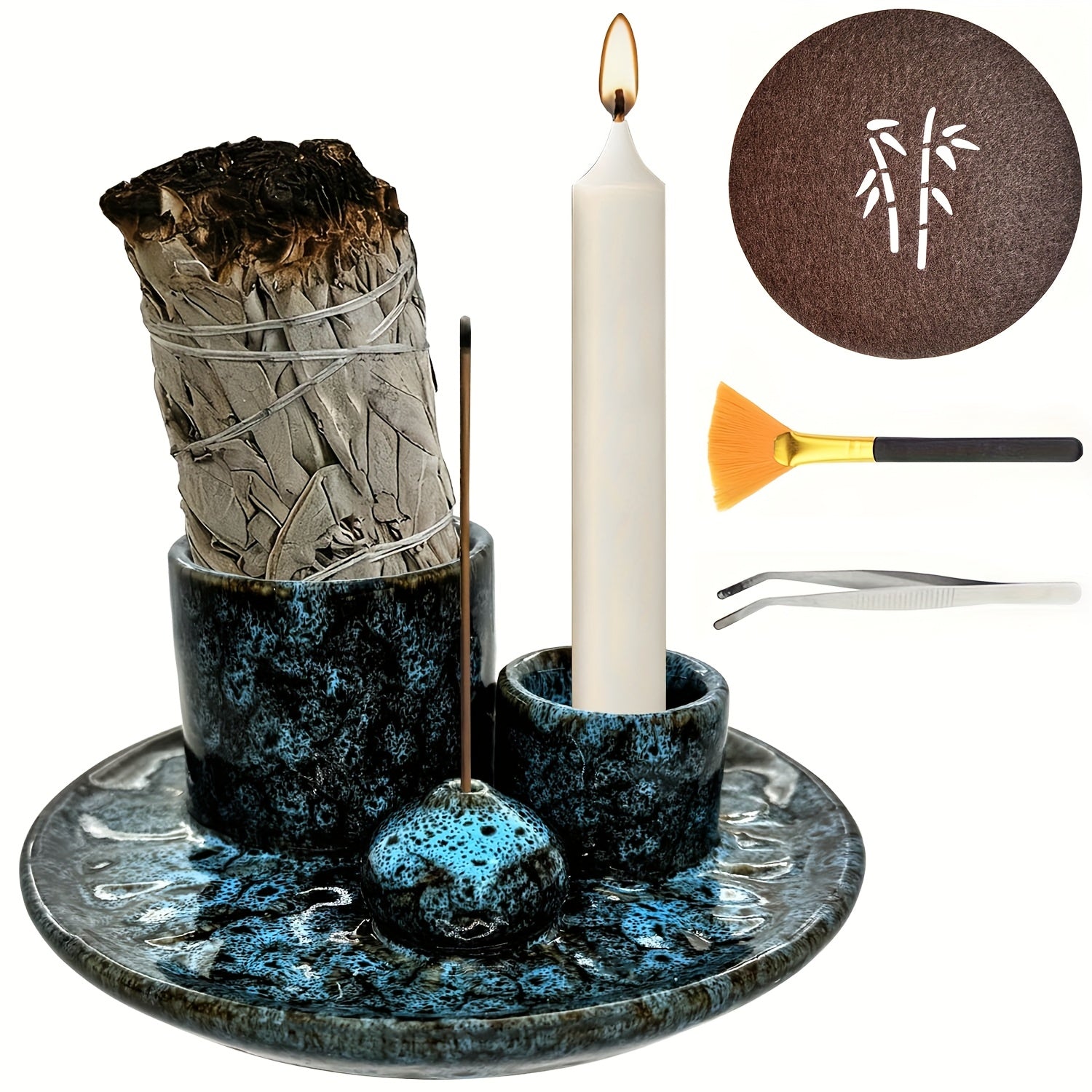 Ensemble de 4 porte-bougies en céramique de qualité supérieure - Brûleur d'encens 4-en-1, porte-bâton parfumé, porte-encens de sauge, plateau de décoration intérieure élégant, comprend 1 brosse de nettoyage, porte-bougies pour la décoration intérieure, po