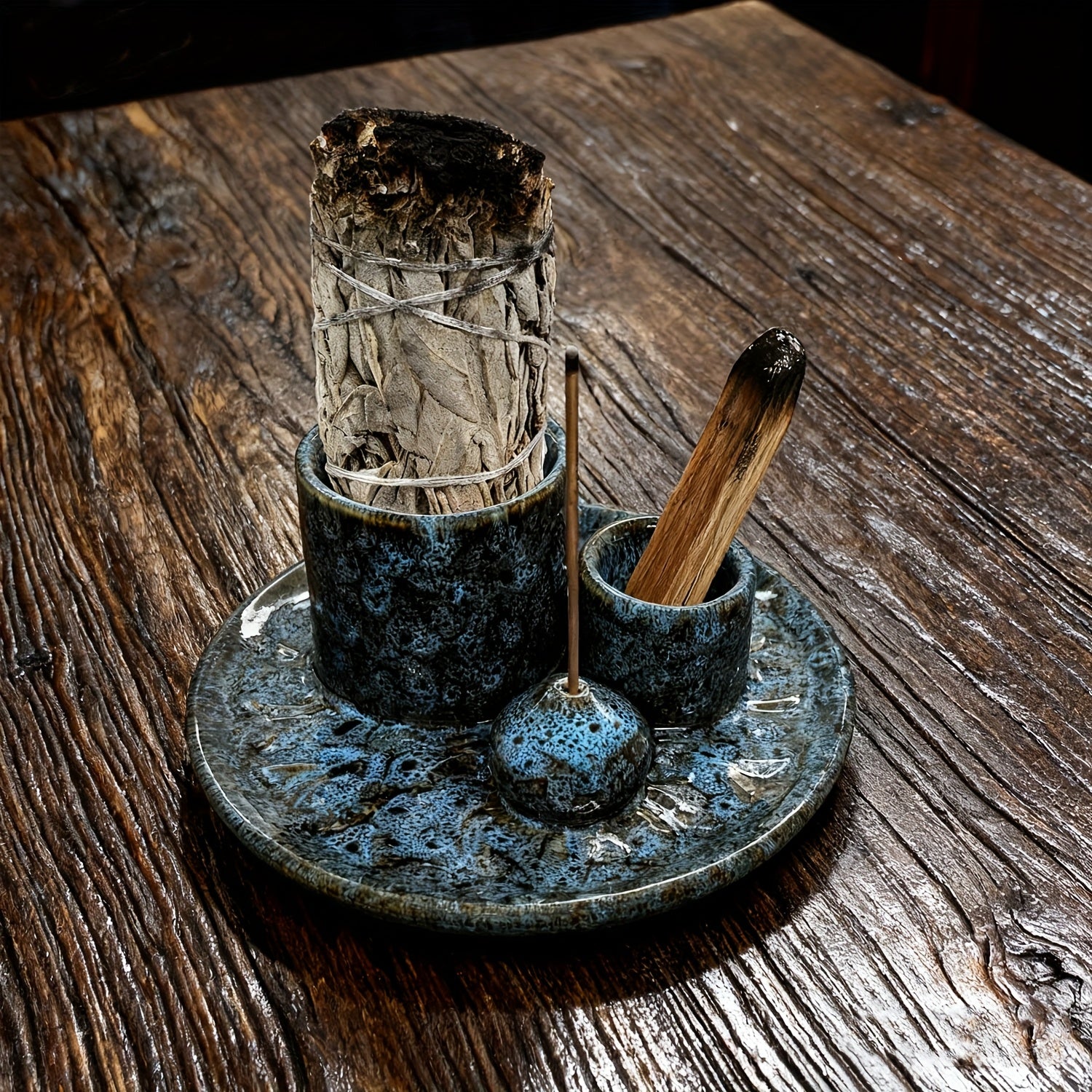 Ensemble de 4 porte-bougies en céramique de qualité supérieure - Brûleur d'encens 4-en-1, porte-bâton parfumé, porte-encens de sauge, plateau de décoration intérieure élégant, comprend 1 brosse de nettoyage, porte-bougies pour la décoration intérieure, po