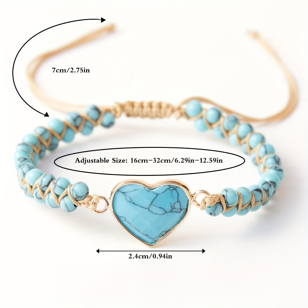 1pc Bracelet Bohème Tressé en Pierre de Turquoise Naturelle avec Pendentif Cœur Doré - Bijou Unisexe pour Femmes & Hommes, Port Quotidien et Vacances, Cadeau Unique pour Anniversaires, Fêtes