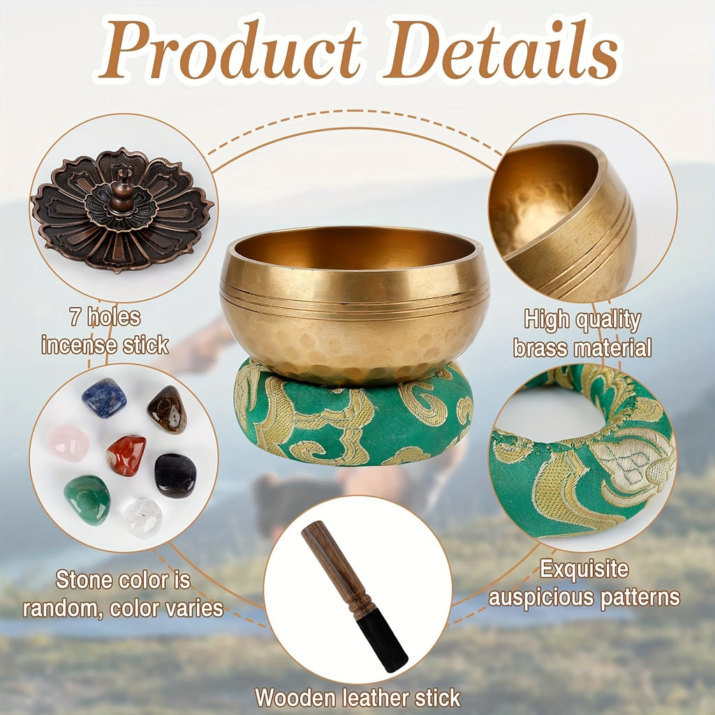 Bol chantant tibétain 8 cm avec maillet en bois, coussin, 7 pierres chakra, porte-encrier et sac, pour méditation, yoga et relaxation