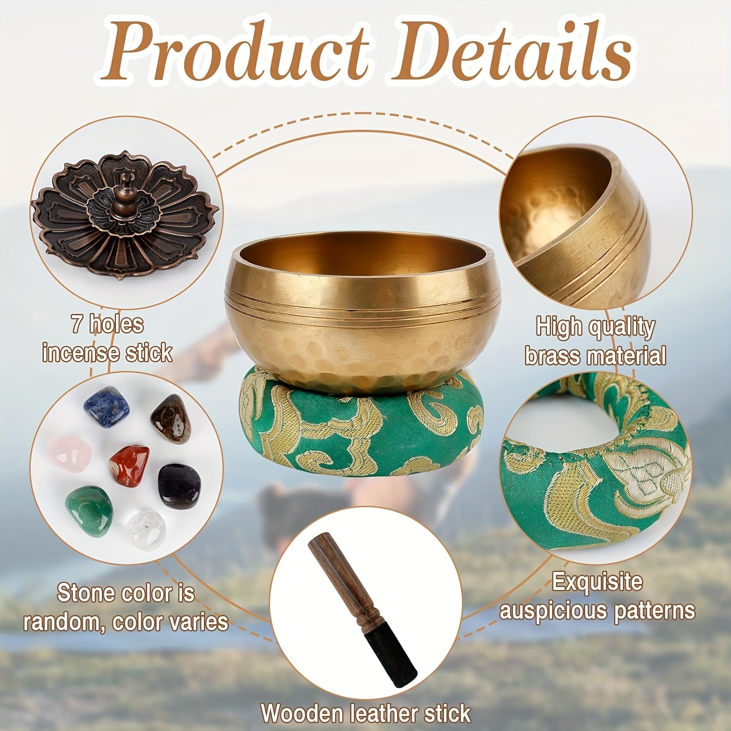 Bol chantant tibétain 8 cm avec maillet en bois, coussin, 7 pierres chakra, porte-encrier et sac, pour méditation, yoga et relaxation