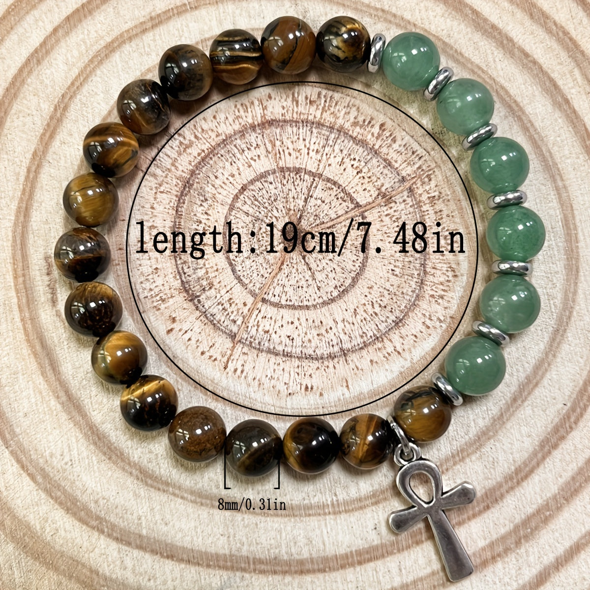 Bracelet Ankh - La Clé de Vie Perles en Pierre Naturelle, 8mm Rondes Œil de Tigre & Aventurine Verte Fait Main, Bijoux Bohème Olive Marron & Vert pour Hommes & Femmes, Symbole de Vie Éternelle et Prospérité Porte-Bonheur, Accessoires Unisexes, Style Vinta
