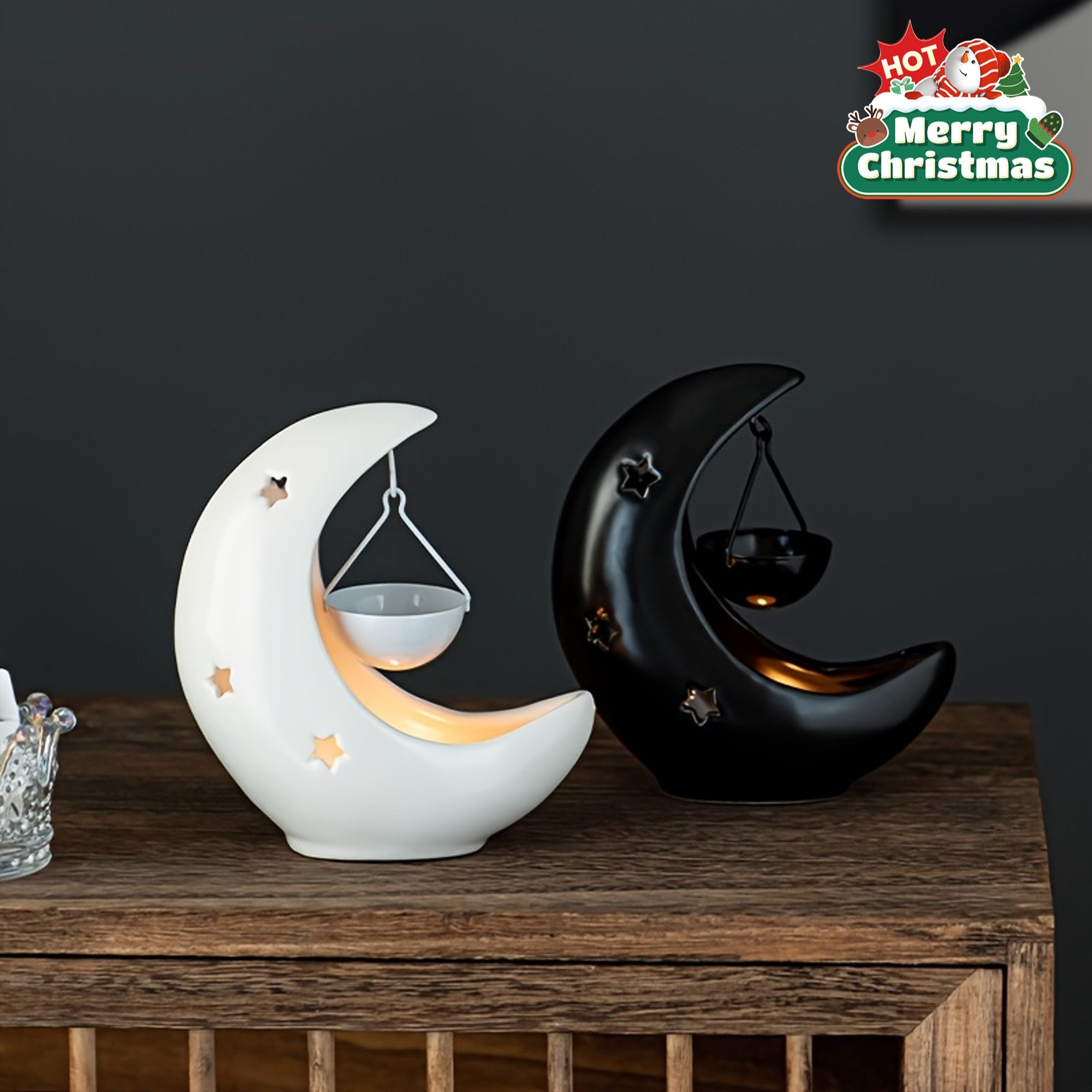 Porte-bougie en céramique étoile et lune - Brûleur d'huiles essentielles - Décoration d'intérieur style arabe - Idéal pour cadeau de l'Aïd