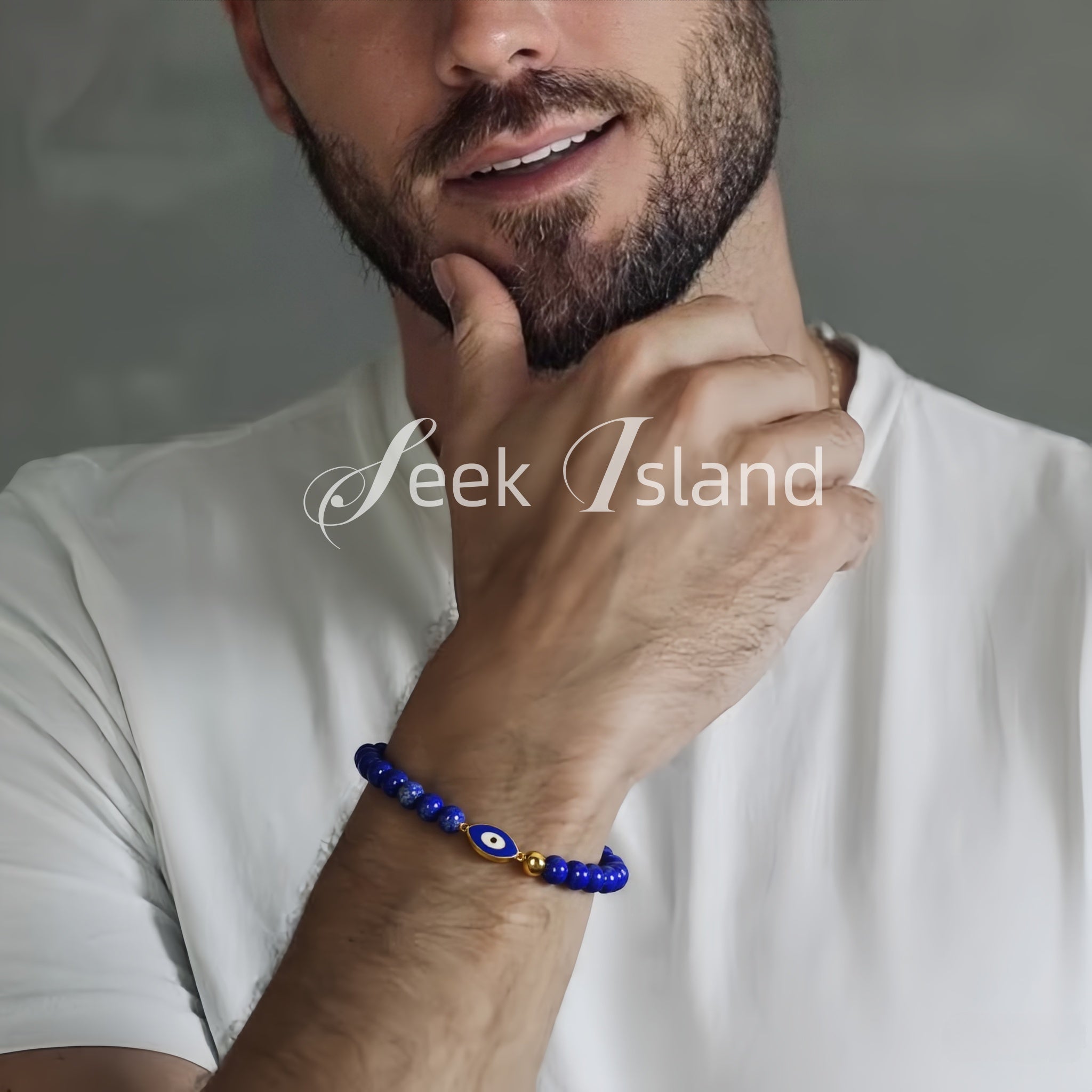 Bracelet en Lapis-Lazuli et Cristal Œil du Mal - 100 % fait main, haute qualité. Perles de 6 mm, boîte cadeau Halloween. Idéal comme cadeau réfléchi pour Halloween ou Noël