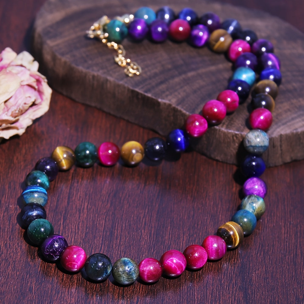 Collier Bohème en Perles Rondes d'Œil de Tigre Multicolores - Parfait pour Toutes les Occasions, Idéal pour les Femmes à la Mode