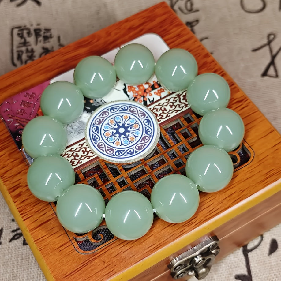 Perles en pierre naturelle verte - Collier mala extensible 18-20 mm - Sphères lisses pour méditation spirituelle - Pierre de naissance de novembre - Bijou porte-bonheur pour le Nouvel An chinois - Cadeau pour Noël, Saint-Valentin, Fête des mères - Pour ho